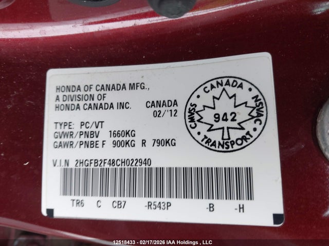 12518433 :رقم المزاد ، 2HGFB2F48CH022940 vin ، 2012 Honda Civic Lx مزاد بيع
