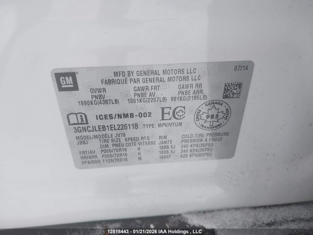 Aukcja sprzedaży 2014 Chevrolet Trax 1lt, vin: 3GNCJLEB1EL226118, numer aukcji: 12518443