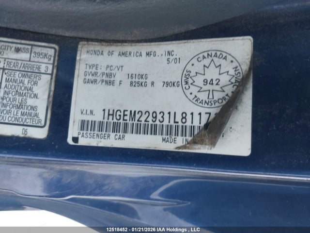 Продажа на аукционе авто 2001 Honda Civic Si/si-g, vin: 1HGEM22931L811715, номер лота: 12518452