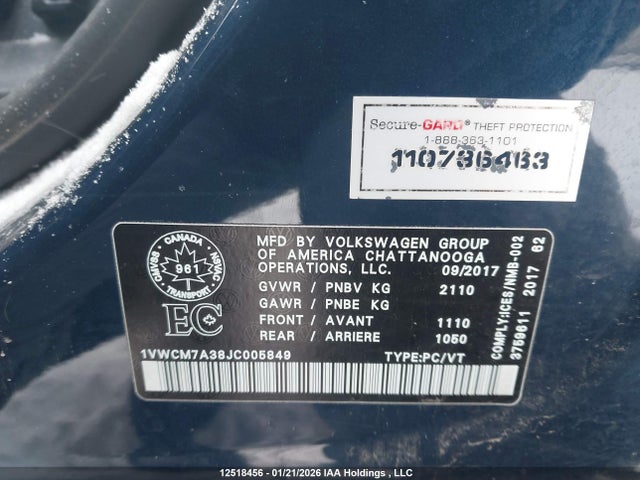 1VWCM7A38JC005849 Volkswagen Passat Sel Premium
