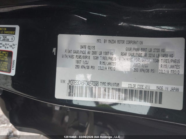 Продажа на аукционе авто 2015 Mazda Cx-9 Touring, vin: JM3TB3CA6F0457098, номер лота: 12518465