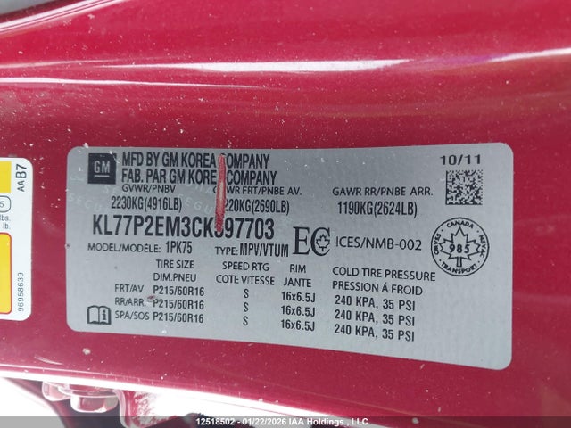 12518502 :رقم المزاد ، KL77P2EM3CK597703 vin ، 2012 Chevrolet Orlando Lt مزاد بيع