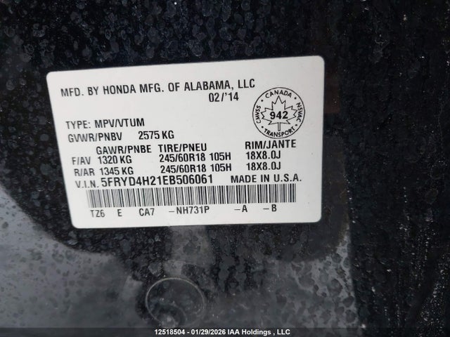 Aukcja sprzedaży 2014 Acura Mdx, vin: 5FRYD4H21EB506061, numer aukcji: 12518504