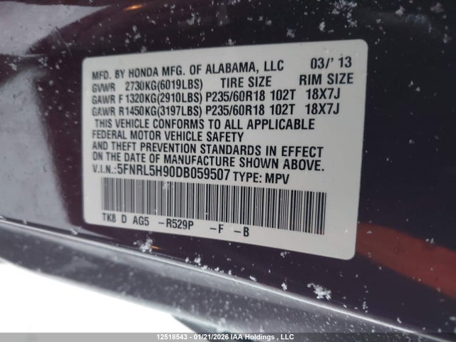 Продаж на аукціоні авто 2013 Honda Odyssey Touring/touring Elite, vin: 5FNRL5H90DB059507, номер лоту: 12518543