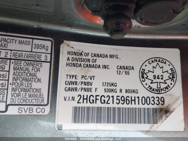 12518557 :رقم المزاد ، 2HGFG21596H100339 vin ، 2006 Honda Civic مزاد بيع