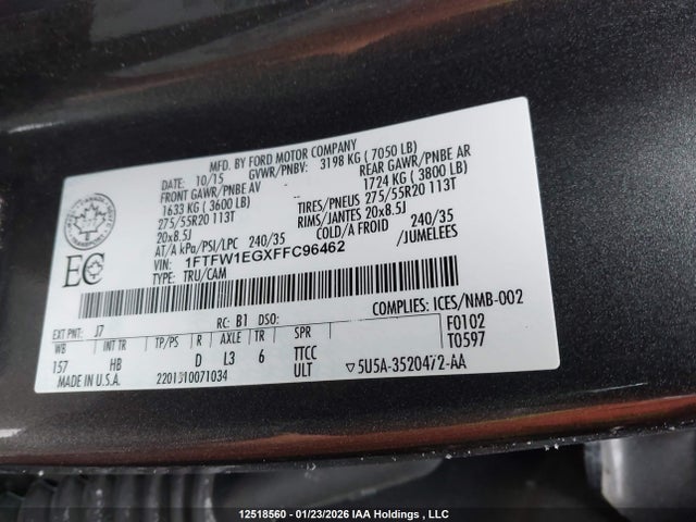 1FTFW1EGXFFC96462 Ford F150 Supercrew