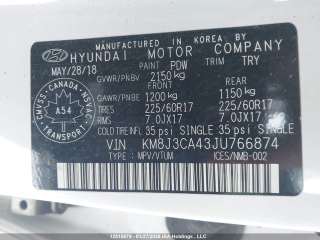KM8J3CA43JU766874 Hyundai Tucson Limited/sport And Eco/se