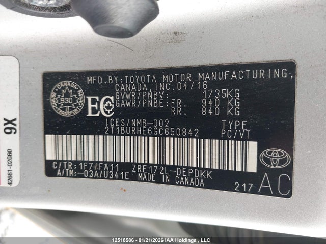 Aukcja sprzedaży 2016 Toyota Corolla L/le/le Pls/prm/s/s Pls, vin: 2T1BURHE6GC650842, numer aukcji: 12518586