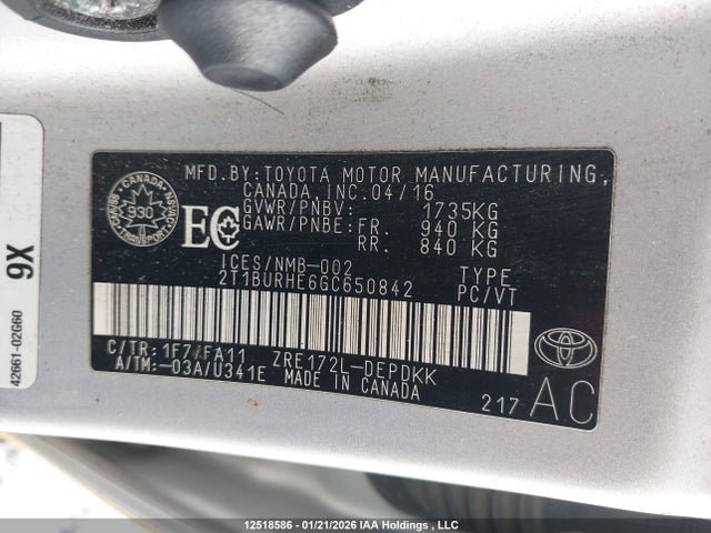 Aukcja sprzedaży 2016 Toyota Corolla L/le/le Pls/prm/s/s Pls, vin: 2T1BURHE6GC650842, numer aukcji: 12518586