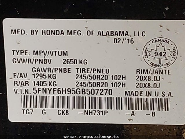 5FNYF6H95GB507270 Honda Pilot Touring