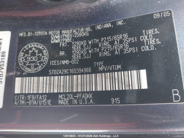 2006 Toyota Sienna Ce 7 Passenger/ce 8 Passenger მანქანა იყიდება აუქციონზე, vin: 5TDZA29C16S394966, აუქციონის ნომერი: 12518603