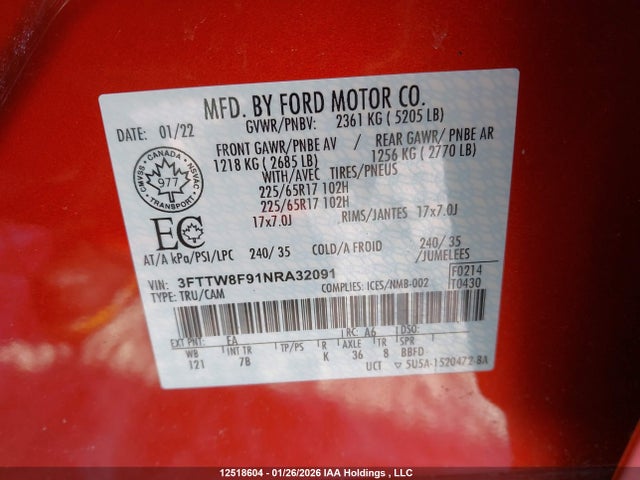 Aukcja sprzedaży 2022 Ford Maverick Xl/xlt/lariat, vin: 3FTTW8F91NRA32091, numer aukcji: 12518604