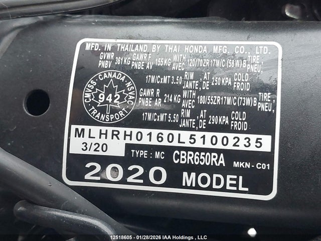 MLHRH0160L5100235 Honda CBR650 RA
