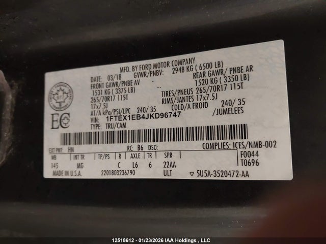 1FTEX1EB4JKD96747 Ford F-150 Xlt