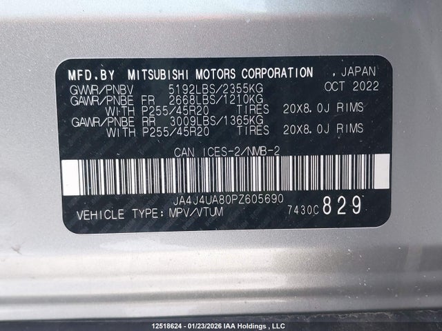 JA4J4UA80PZ605690 Mitsubishi Outlander Le/le Premium/noir/se/sel