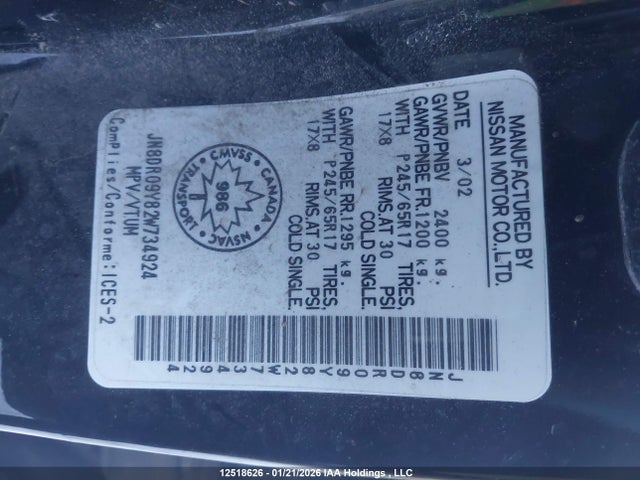 Продажа на аукционе авто 2002 Nissan Pathfinder Le/se, vin: JN8DR09Y82W734924, номер лота: 12518626