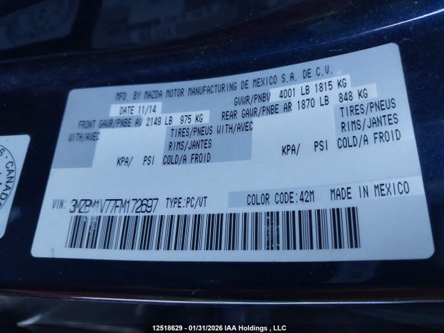 3MZBM1V77FM172697 Mazda Mazda3 Gs