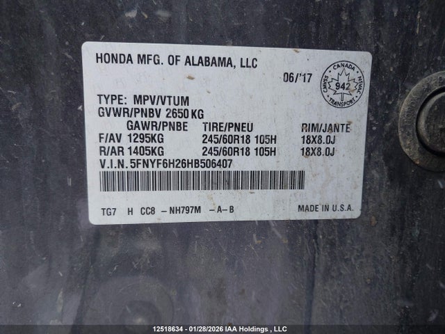 5FNYF6H26HB506407 Honda PILOT LX