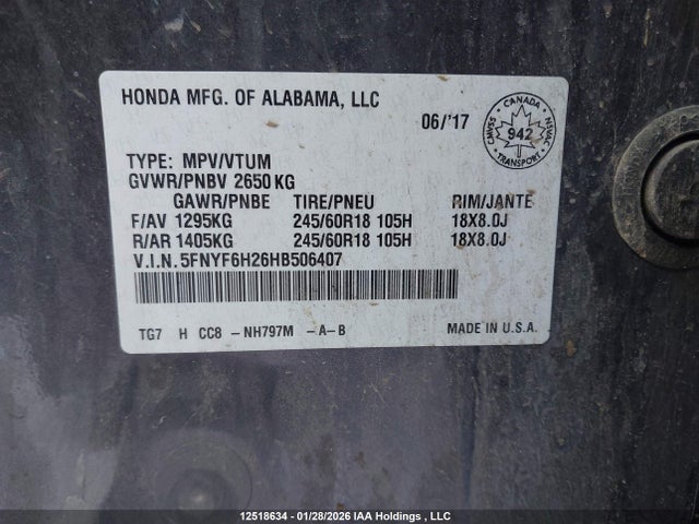5FNYF6H26HB506407 Honda PILOT LX