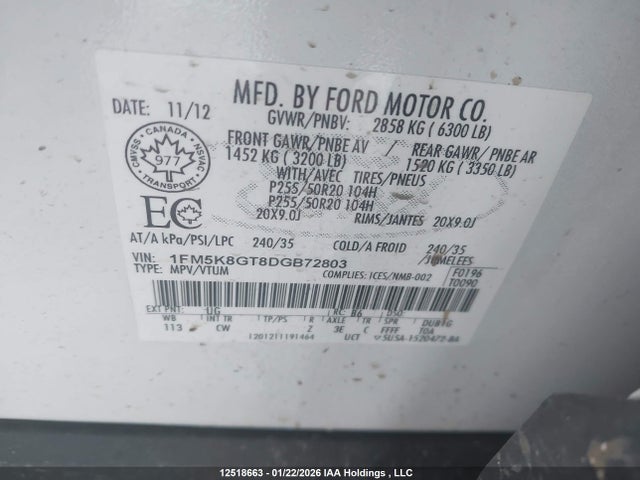 12518663 :رقم المزاد ، 1FM5K8GT8DGB72803 vin ، 2013 Ford Explorer Sport مزاد بيع