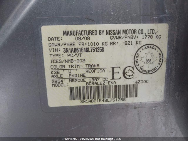 Продажа на аукционе авто 2008 Nissan Sentra 2.0s, vin: 3N1AB61E48L751258, номер лота: 12518702
