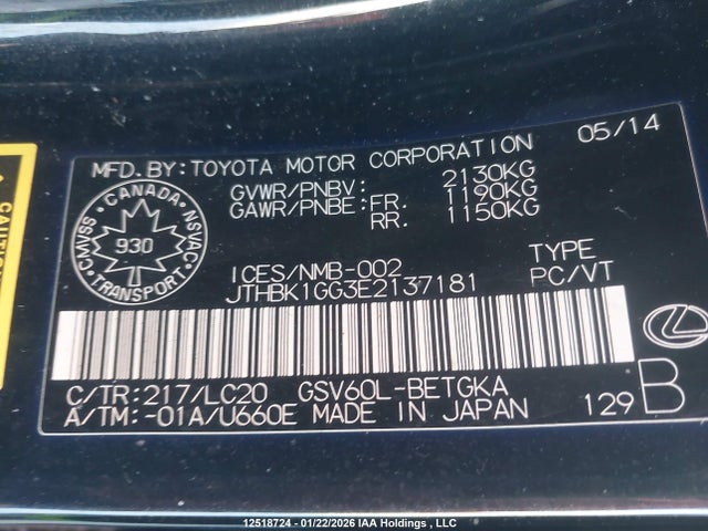 JTHBK1GG3E2137181 Lexus Es 350 350