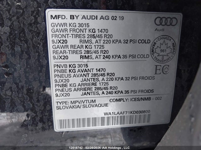 Продаж на аукціоні авто 2019 Audi Q7 Premium Plus/se Premium Plus, vin: WA1LAAF71KD030800, номер лоту: 12518742