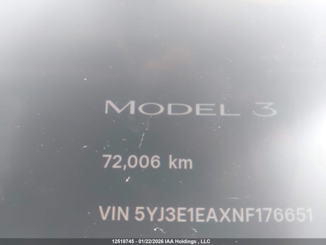 5YJ3E1EAXNF176651 Tesla Model 3 Rwd/standard Range
