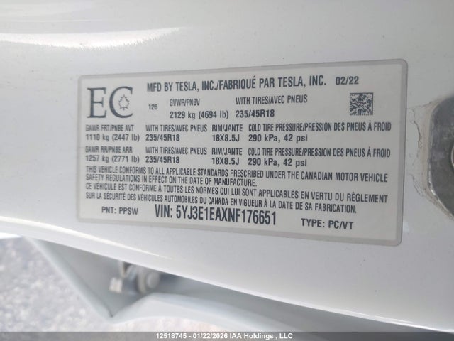 5YJ3E1EAXNF176651 Tesla Model 3 Rwd/standard Range