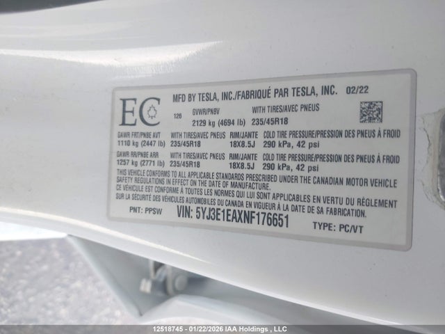 5YJ3E1EAXNF176651 Tesla Model 3 Rwd/standard Range