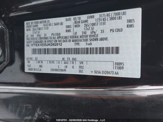 Продажа на аукционе авто 2018 Ford F-150 Xlt, vin: 1FTEX1E55JKD82012, номер лота: 12518751