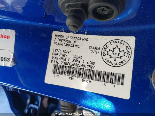 Продаж на аукціоні авто 2018 Honda Civic Lx, vin: 2HGFC2F52JH012827, номер лоту: 12518759
