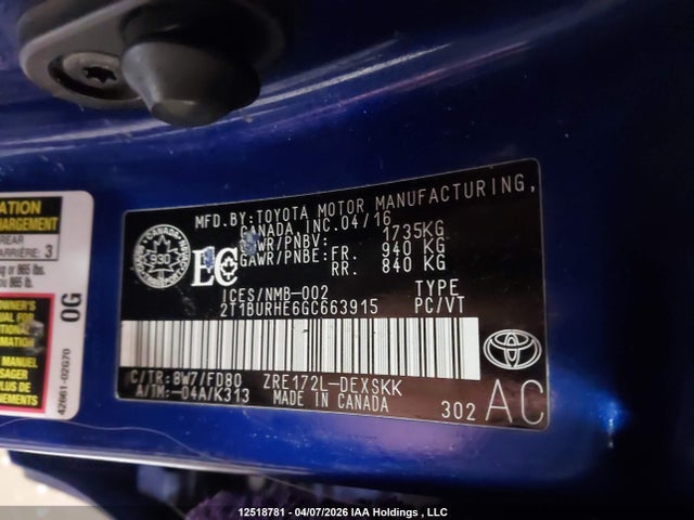 2T1BURHE6GC663915 Toyota Corolla