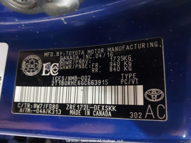 2T1BURHE6GC663915 Toyota Corolla