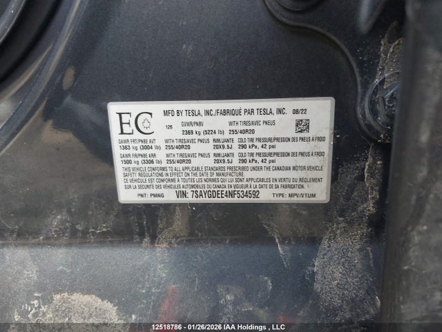 Tesla Model Y Long Range 2022 7SAYGDEE4NF534592 Image 9