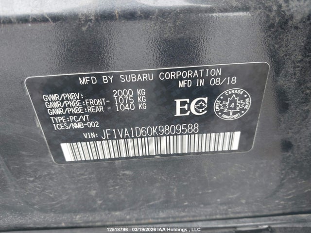 Aukcja sprzedaży 2019 Subaru Wrx Premium, vin: JF1VA1D60K9809588, numer aukcji: 12518796