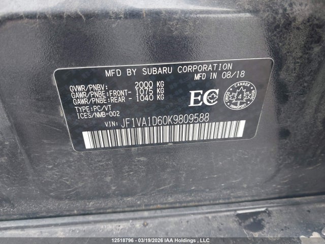 Aukcja sprzedaży 2019 Subaru Wrx Premium, vin: JF1VA1D60K9809588, numer aukcji: 12518796