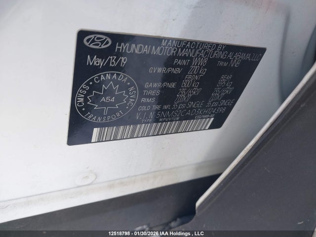 2019 Hyundai Santa Fe Essential მანქანა იყიდება აუქციონზე, vin: 5NMS2CAD3KH124398, აუქციონის ნომერი: 12518798