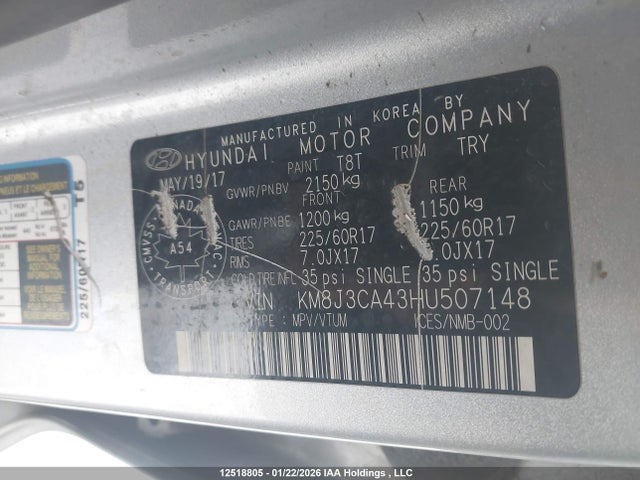 Продажа на аукционе авто 2017 Hyundai Tucson, vin: KM8J3CA43HU507148, номер лота: 12518805