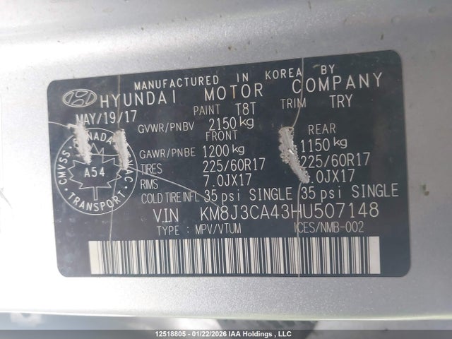 Продажа на аукционе авто 2017 Hyundai Tucson, vin: KM8J3CA43HU507148, номер лота: 12518805