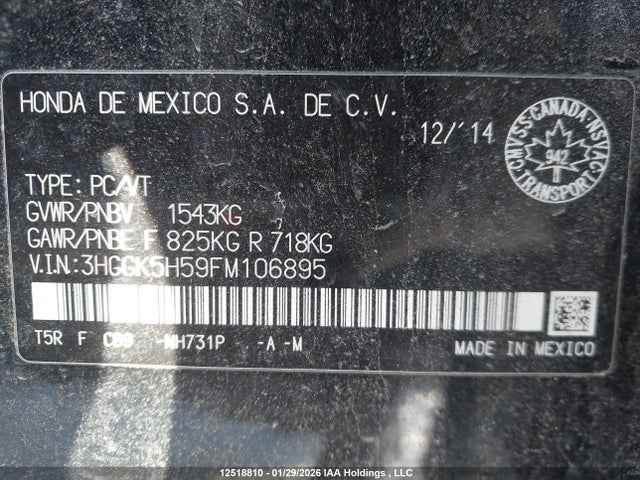3HGGK5H59FM106895 Honda FIT LX