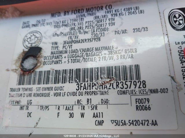Aukcja sprzedaży 2012 Ford Fusion Se, vin: 3FAHP0HA2CR357928, numer aukcji: 12518838