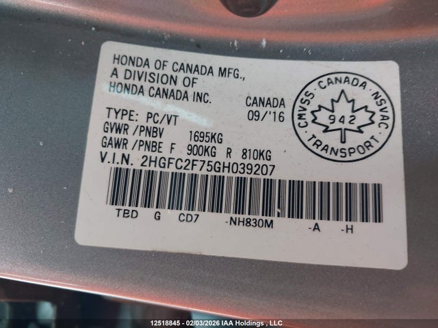 Продаж на аукціоні авто 2016 Honda Civic Ex 4dr, vin: 2HGFC2F75GH039207, номер лоту: 12518845