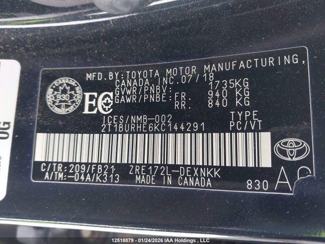2T1BURHE6KC144291 Toyota Corolla L/le/xle/se/xse
