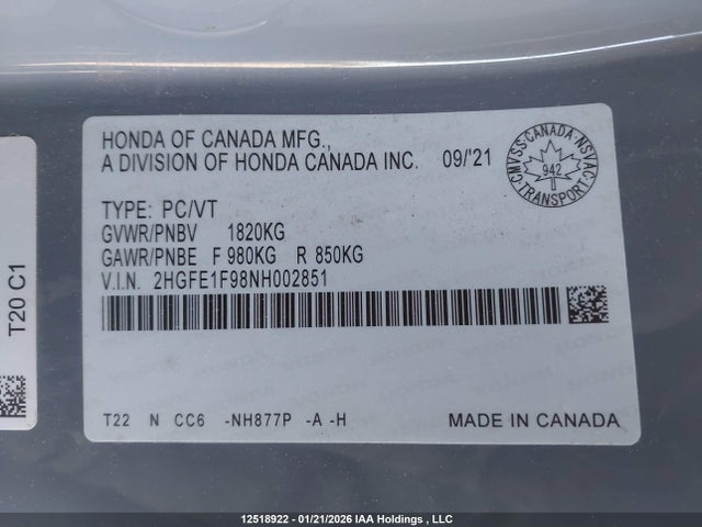 2HGFE1F98NH002851 Honda Civic Touring