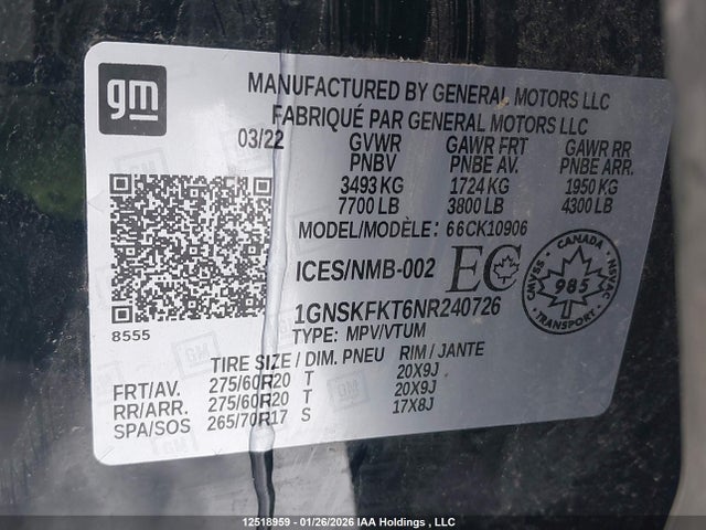 1GNSKFKT6NR240726 Chevrolet Suburban Premier
