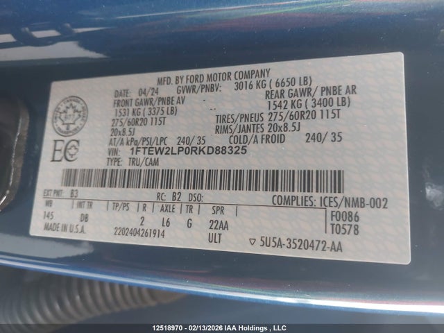 Aukcja sprzedaży 2024 Ford F150 Stx, vin: 1FTEW2LP0RKD88325, numer aukcji: 12518970