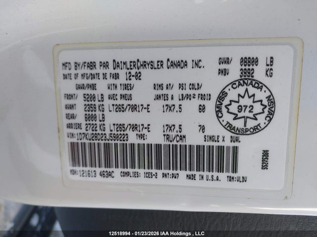 Aukcja sprzedaży 2003 Dodge Ram 2500 St/slt, vin: 1D7KU28D23J590223, numer aukcji: 12518994