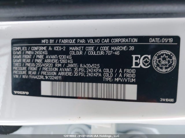 YV4A22RL1K1324611 Volvo Xc60 T6 Inscription