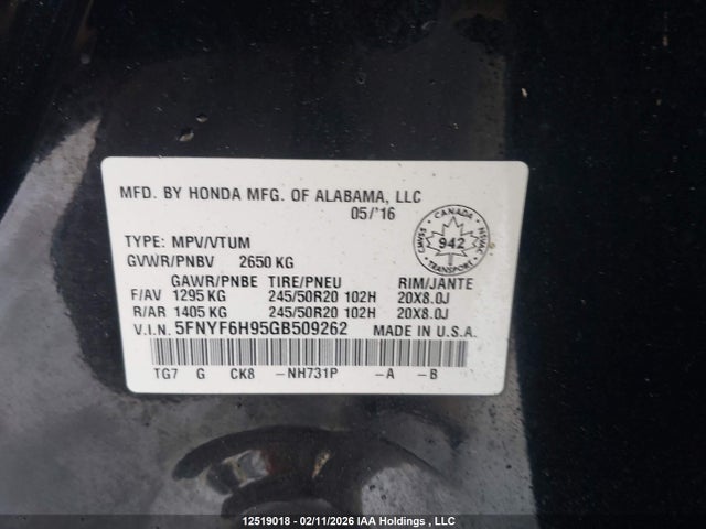 5FNYF6H95GB509262 Honda Pilot